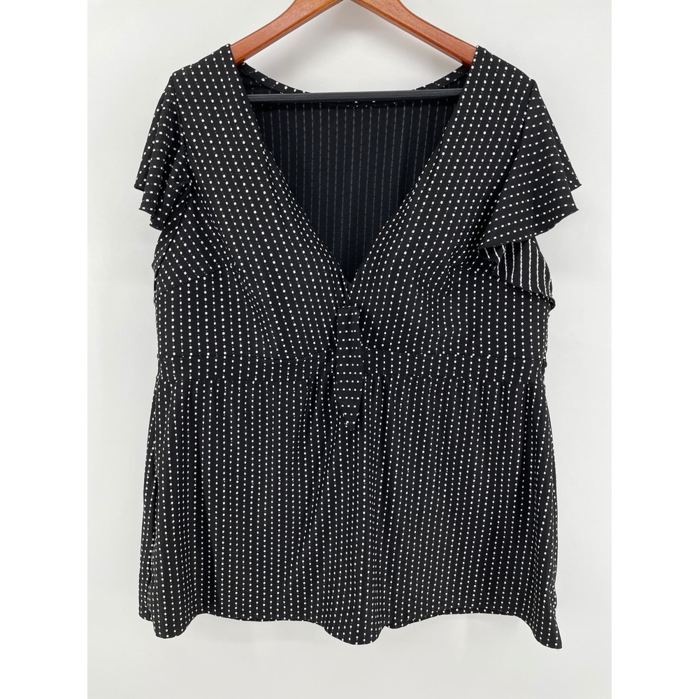 Cacique Swim Top Women 24 Black Retro Polka Dot Flutter Sleeve Modest Resortwear